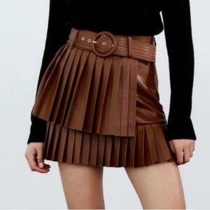 Zara Faux Leather Brown Pleated Skirt Belted Mini Whiskey Medium Womens